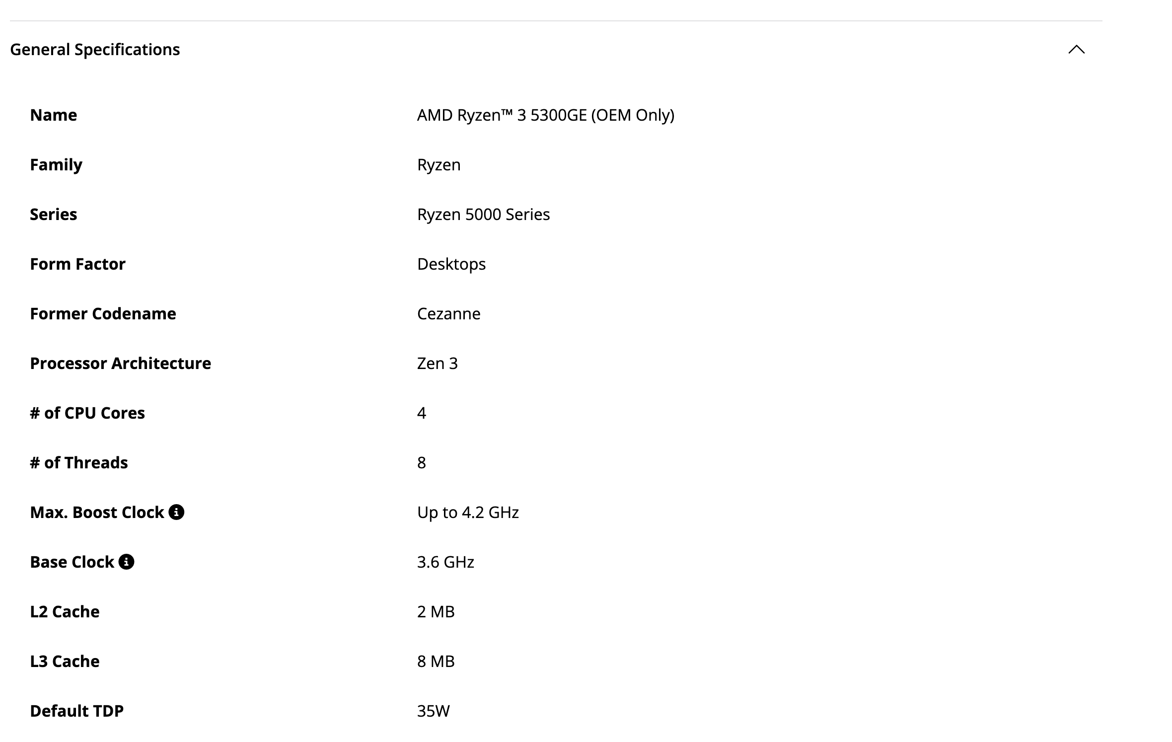 Блок General Specifications у Ryzen 3 5300GE (OEM Only) на сайте AMD: Ryzen 5000 Series, Desktops, Cezanne, 4 ядра и 8 потоков, до 4,2 ГГц, база 3,6 ГГц, L2 2 МБ, L3 8 МБ, TDP 35 Вт. Снято 12 октября 2026