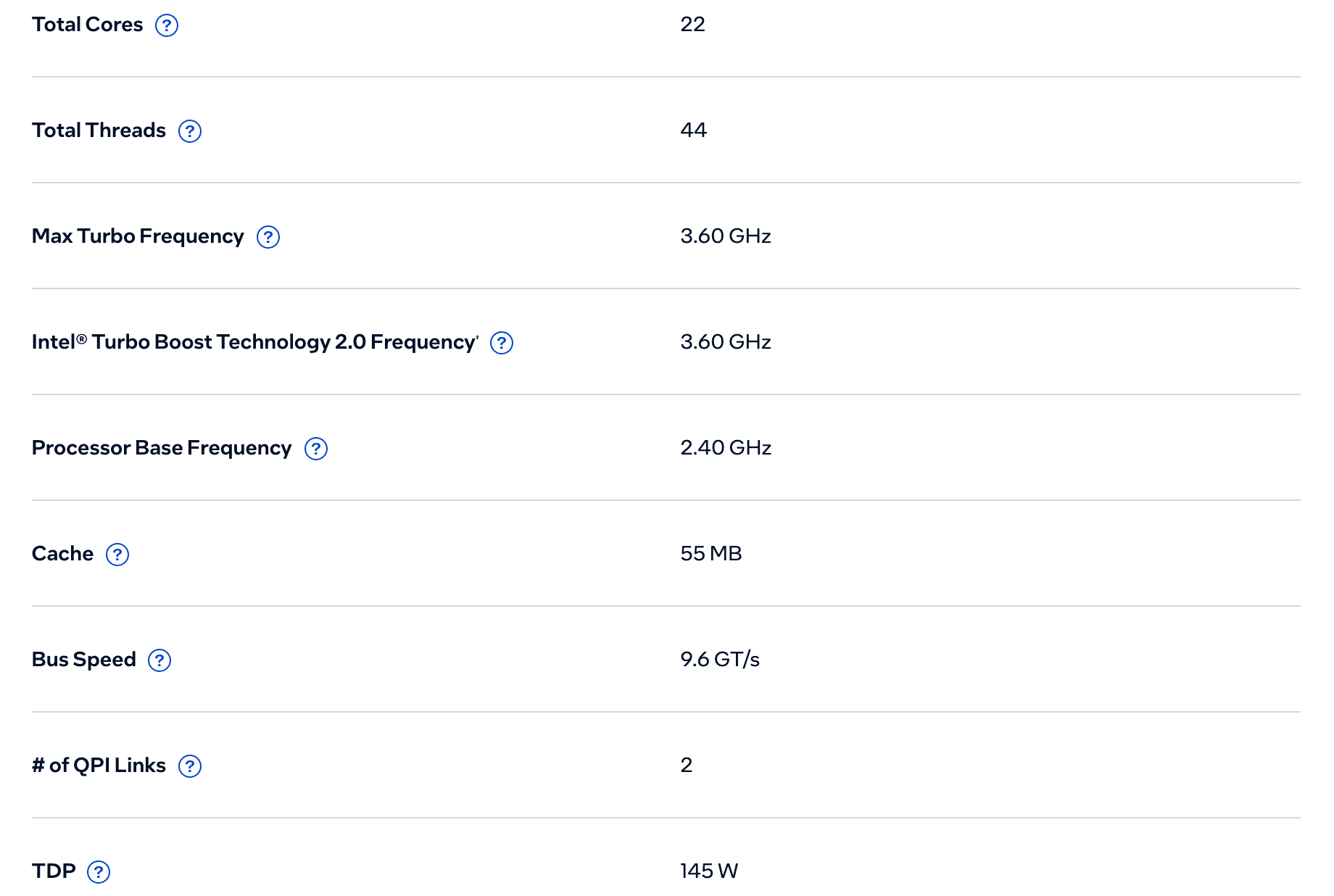 CPU Specifications Xeon E5-2699A v4 в Intel ARK: 22 ядра и 44 потока, до 3,60 ГГц, базовая 2,40 ГГц, 55 МБ кэша, шина 9,6 GT/s, две линии QPI, TDP 145 Вт. Снято 6 октября 2026
