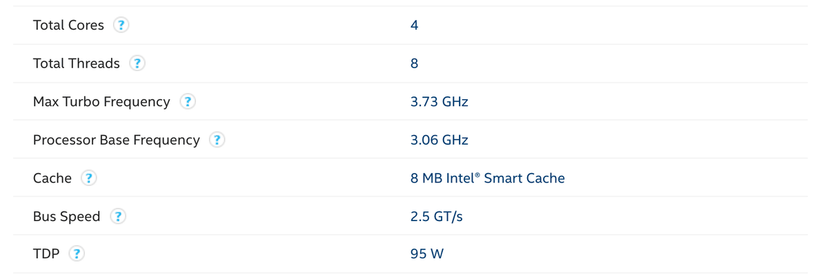 Архивная копия страницы Intel ARK с характеристиками Core i7-880: 4 ядра, 8 потоков, от 3,06 до 3,73 ГГц, 95 Вт. Снято 23 сентября 2026