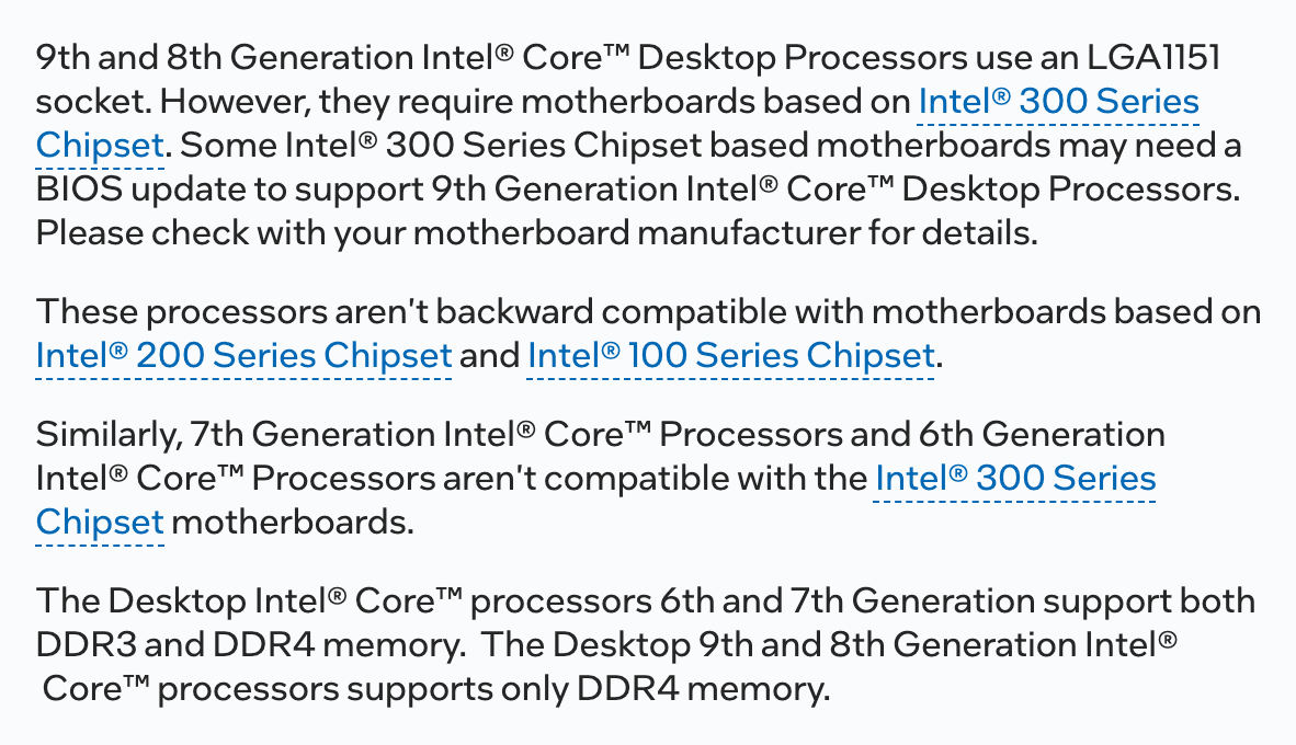 Справка Intel о совместимости: процессорам 8-го и 9-го поколений нужны платы с чипсетами серии 300, обратной совместимости с сериями 100 и 200 нет. Снято 23 сентября 2026