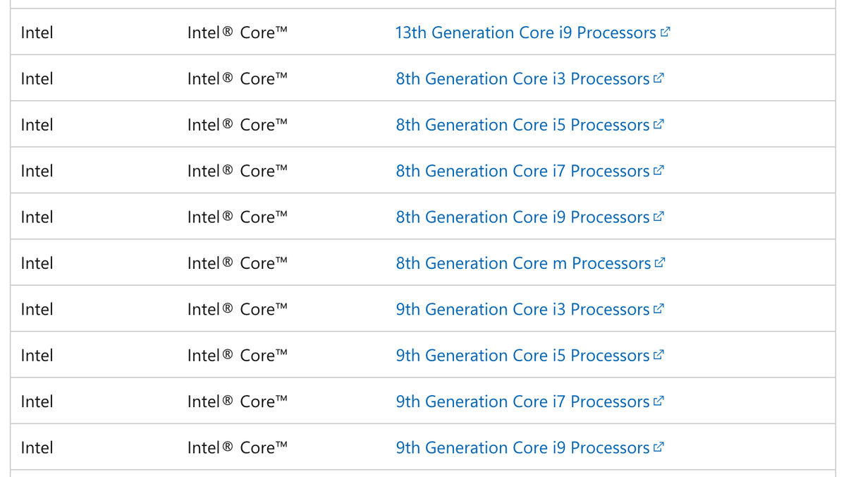 Фрагмент списка Microsoft для Windows 11 версии 25H2: процессоры Core 8-го и 9-го поколений в нём есть, 6-го и 7-го нет. Снято 23 сентября 2026