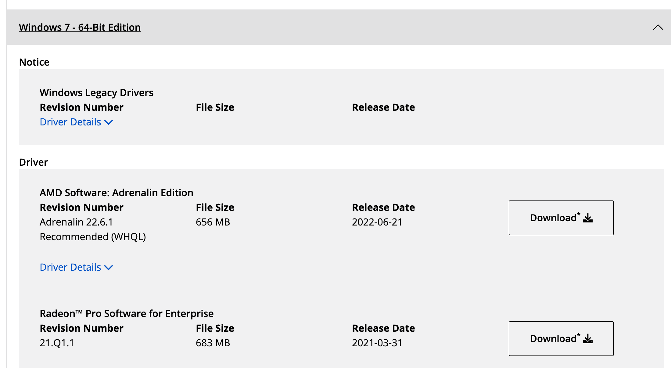 Раздел Windows 7 64-Bit Edition на странице драйверов R9 370: Windows Legacy Drivers, Adrenalin 22.6.1 размером 656 МБ от 21 июня 2022 года и Radeon Pro Software for Enterprise 21.Q1.1 от 31 марта 2021 года. Снято 3 октября 2026