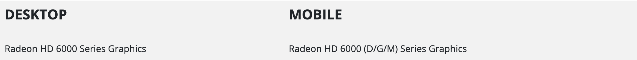 Строка справки GPU-630: в колонке DESKTOP стоит Radeon HD 6000 Series Graphics, в колонке MOBILE Radeon HD 6000 (D/G/M) Series Graphics. Модель HD 6770 по имени в справке не названа. Снято 3 октября 2026