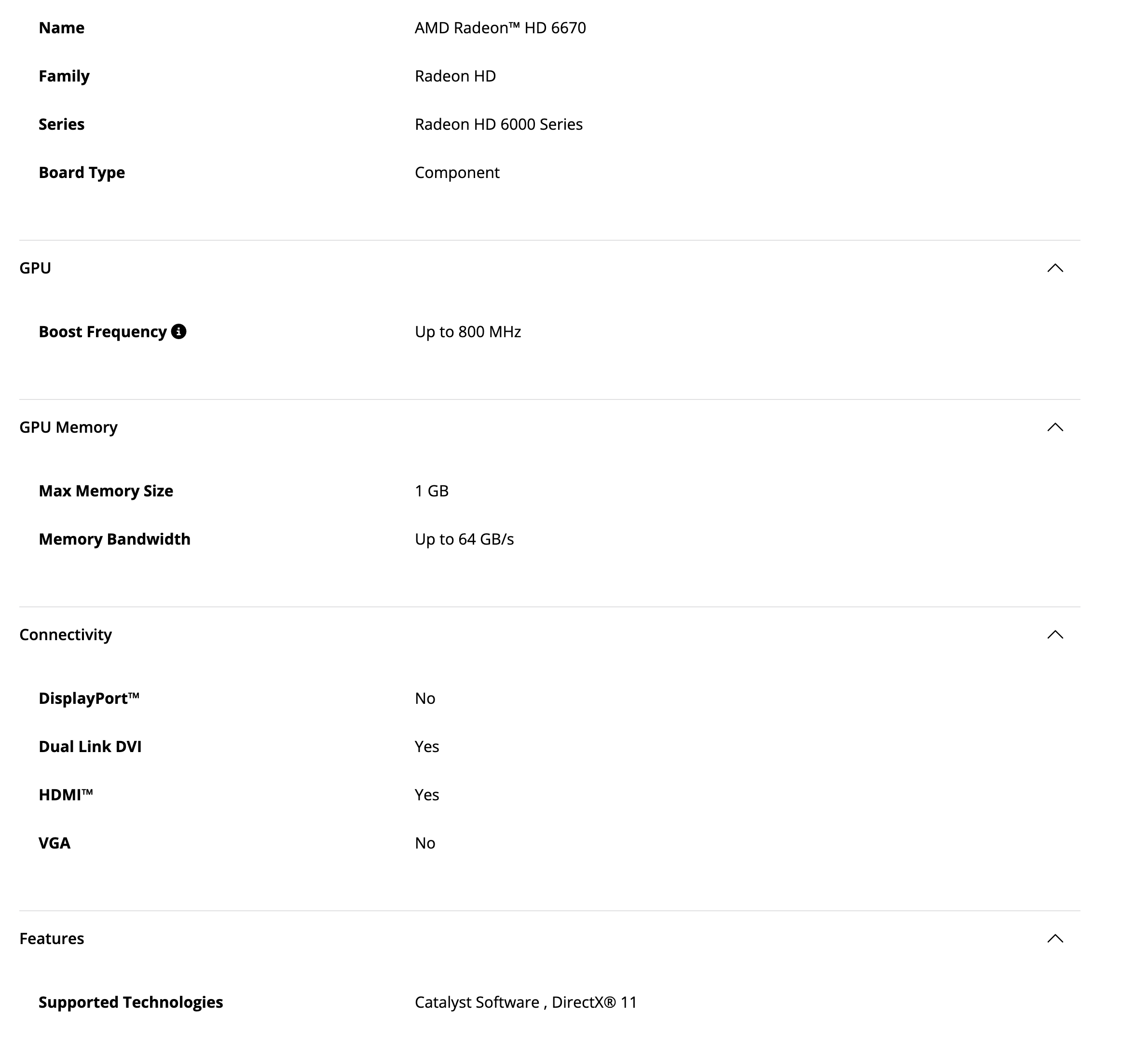 Блок Specifications на странице драйверов HD 6670: серия Radeon HD 6000, тип платы Component, до 800 МГц, память 1 ГБ, пропускная способность до 64 ГБ/с, DisplayPort и VGA со значением No, DVI и HDMI со значением Yes. Снято 3 октября 2026