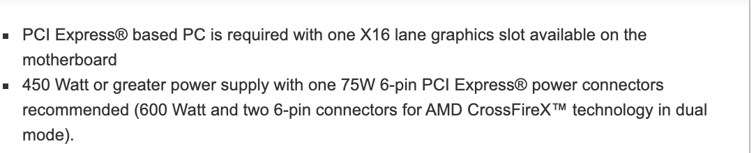 Раздел System Requirements в снимке страницы HD 6770: слот PCI Express x16 и блок питания от 450 Вт с одним 6-контактным разъёмом. Снимок веб-архива от 17 января 2013 года
