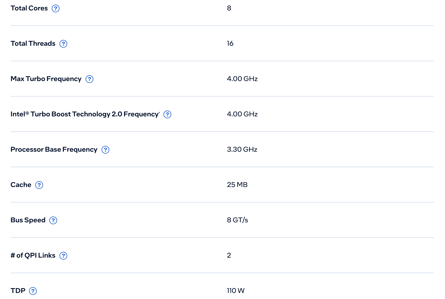 CPU Specifications Xeon E5-2673 v2 в Intel ARK: 8 ядер и 16 потоков, до 4,00 ГГц, базовая 3,30 ГГц, 25 МБ кэша, шина 8 GT/s, две линии QPI, TDP 110 Вт. Снято 6 октября 2026