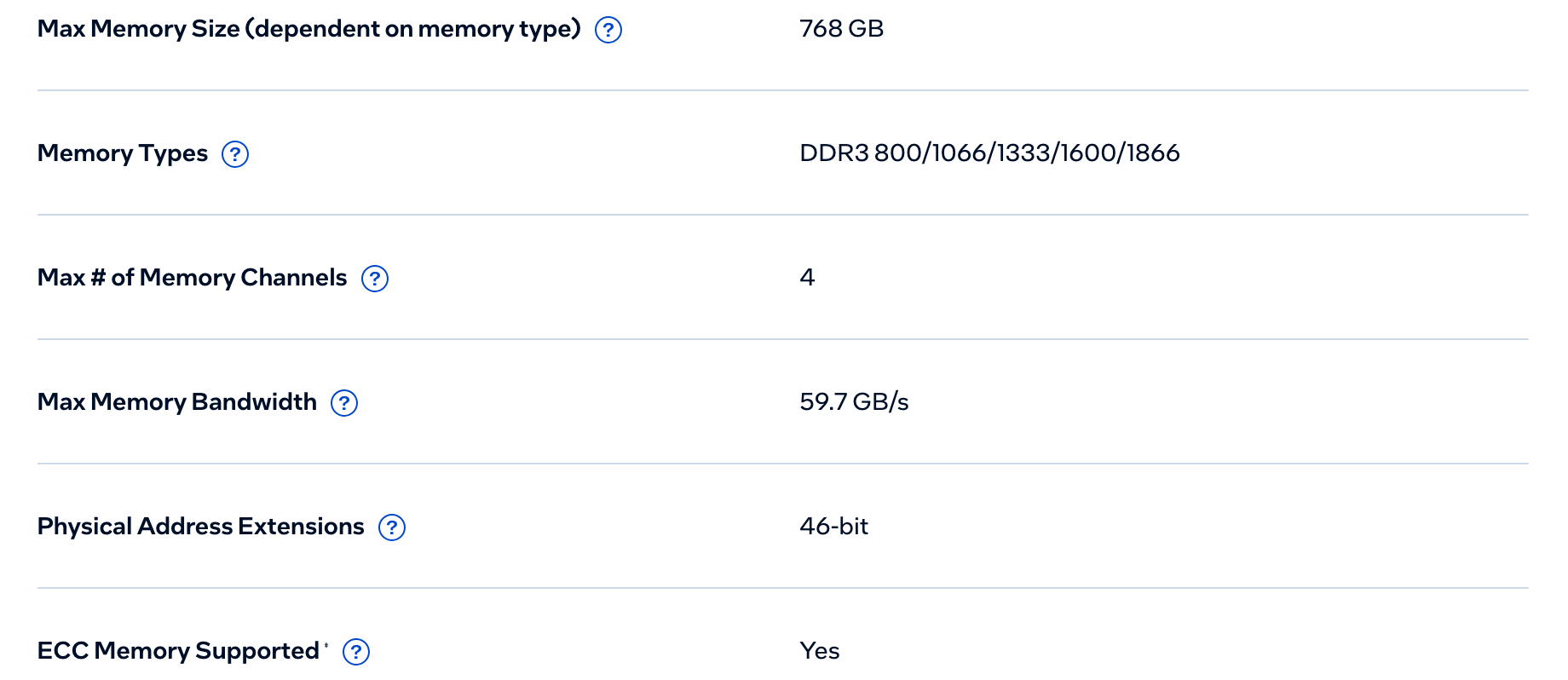 Memory Specifications Xeon E5-2673 v2 в Intel ARK: до 768 ГБ DDR3 800/1066/1333/1600/1866 в четырёх каналах, 59,7 ГБ/с, адресация 46 бит, ECC Yes. Снято 6 октября 2026