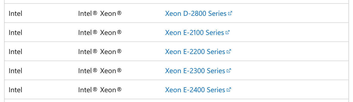 Строки Xeon D-2800, E-2100, E-2200, E-2300 и E-2400 Series в списке Microsoft для Windows 11 версии 25H2. Снято 6 октября 2026