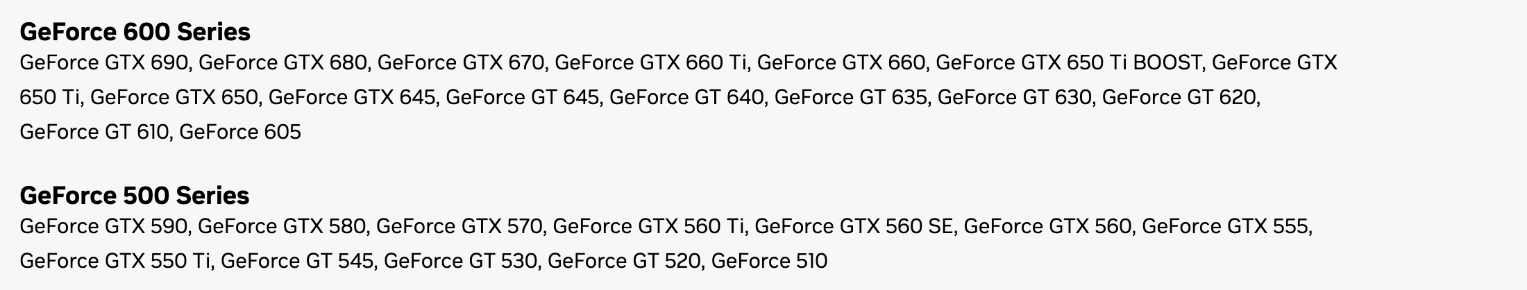 Список моделей драйвера NVIDIA 391.35: в группе GeForce 600 Series названы GT 645, GT 640, GT 635, GT 630, GT 620, GT 610 и GeForce 605, в группе GeForce 500 Series GTX 590, 580, 570, 560 Ti, 560 SE, 560, GTX 555, 550 Ti, GT 545, 530, 520 и GeForce 510. Снято 3 октября 2026