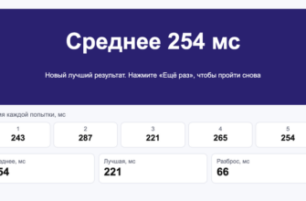 Тест реакции: итог серии из пяти попыток, среднее 254 мс, время каждой попытки, лучшая попытка и разброс